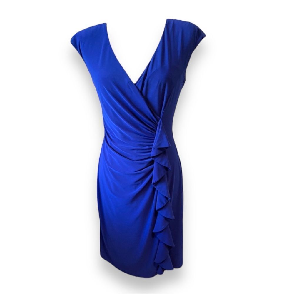 Black Label Evan Picone Faux Wrap V-Neckline Dress Above Knee Cap Sleeve Size 8